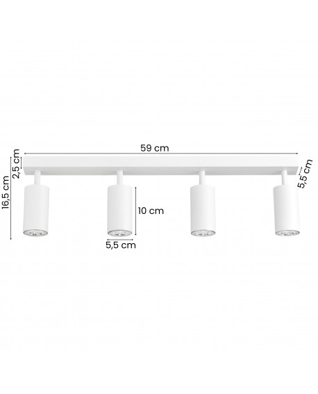 biała lampa sufitowa spot z czterema regulowanymi tubami na długiej listwie do dużych wnętrz producent lampit model NEO W4