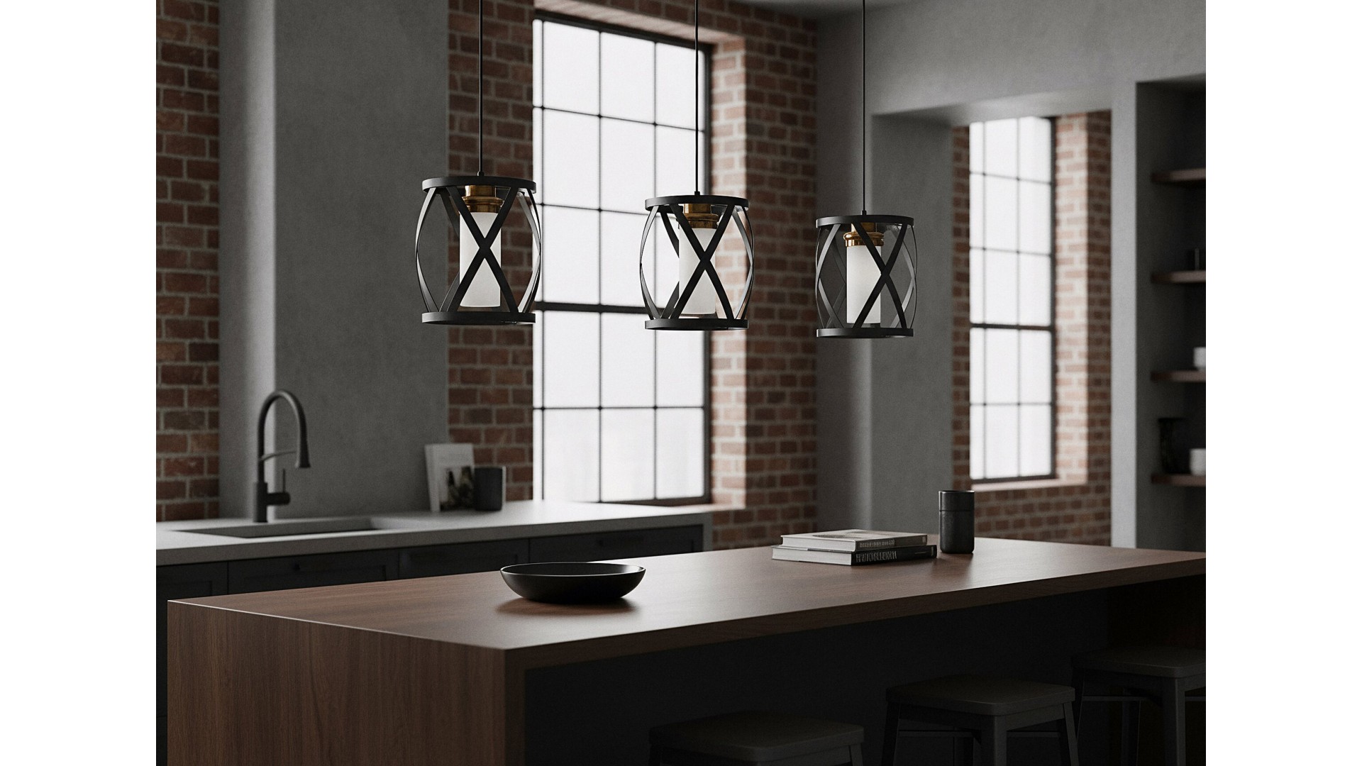 czarna lampa wisząca ze złotym szczotkowanym akcentem nad blatem kuchni w stylu loft marka LuminaDeco seria Astila W1 światło