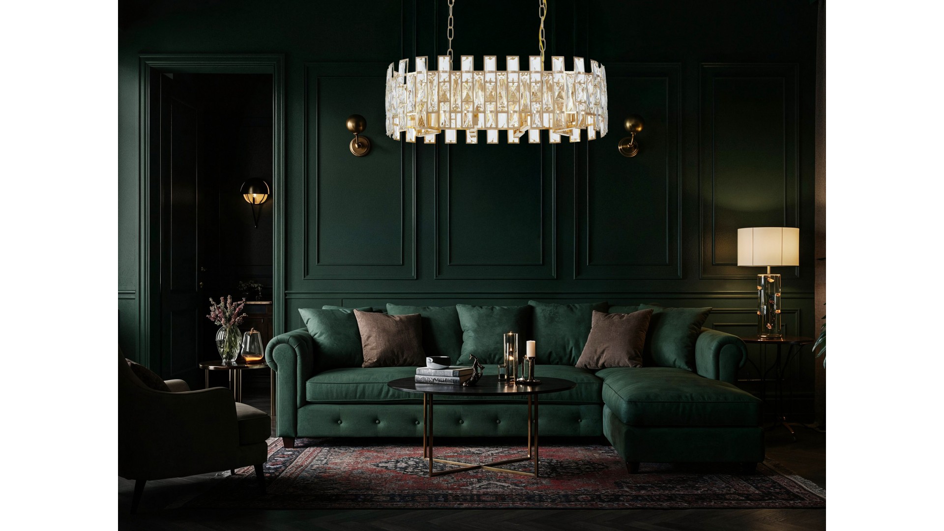 złoty żyrandol kryształowy lampa wisząca do salonu Fiorina elegancka oprawa sufitowa D70 od Lumina Deco
