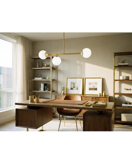 złoty plafon lampa sufitowa wisząca z białymi kulami LED do gabinetu producent Lampit elegancki model Fino 3 punkty światła