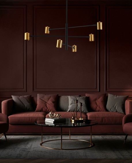 czarno złota lampa wisząca nowoczesna z sześcioma punktami światła do salonu producent Lampit efektowny model Dora W6