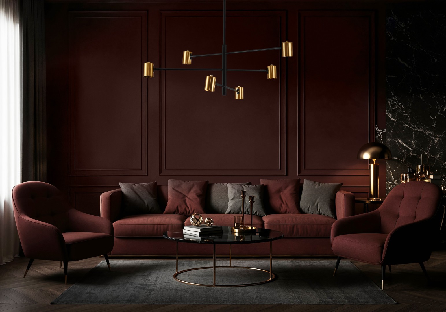 czarno złota lampa wisząca nowoczesna z sześcioma punktami światła do salonu producent Lampit efektowny model Dora W6