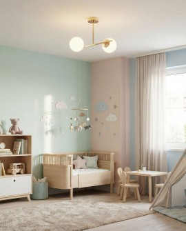 złoty plafon wiszący z dwiema białymi kulami LED do pokoju dziecka lampa sufitowa producent Lampit delikatny model LEDO 2