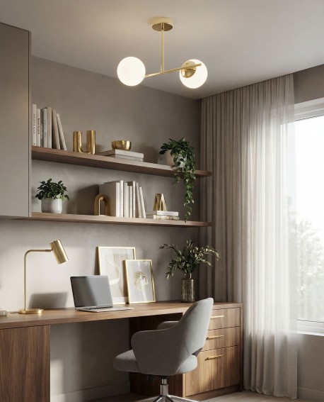 złota lampa sufitowa wisząca z dwiema mlecznymi kulami LED do gabinetu producent Lampit subtelny wariant LEDO 2