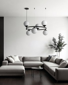 czarna lampa wisząca z sześcioma białymi kulami LED do salonu żyrandol sufitowy producent Lampit model Fino 6