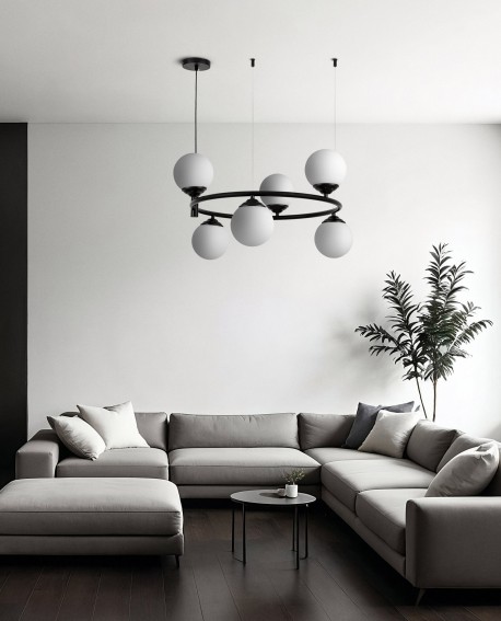 czarna lampa wisząca z sześcioma białymi kulami LED do salonu żyrandol sufitowy producent Lampit model Fino 6