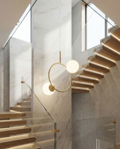  złota lampa wisząca sufitowa z dwiema białymi kulami LED nad schody nowoczesne oświetlenie producent Lampit delikatny wariant