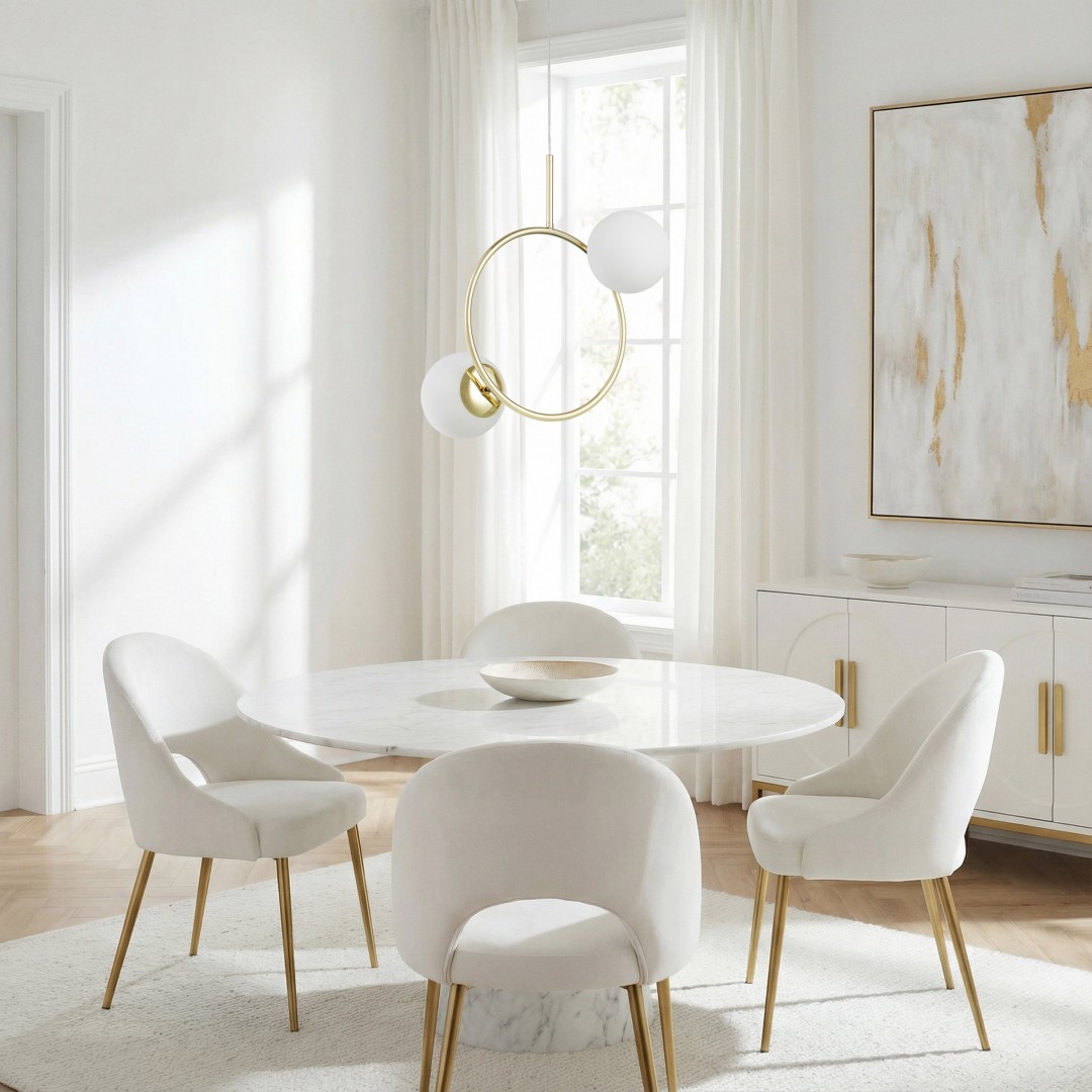 Złota lampa zwisająca LEDO 2 Lampit z mlecznymi kulami nad stołem w modern classic jadalni
