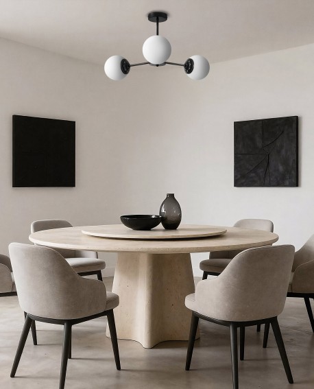  czarna lampa sufitowa z trzema białymi kulami nad okrągły stół do jadalni nowoczesne oświetlenie marki Lampit model Fino W3