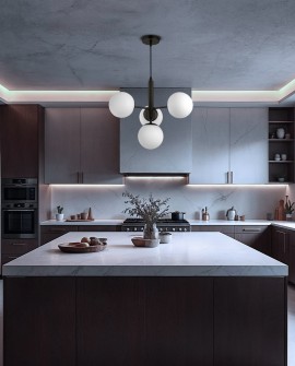 czarna lampa wisząca z czterema białymi kulami LED do kuchni nad wyspę nowoczesne oświetlenie producent Lampit model LEDO 4