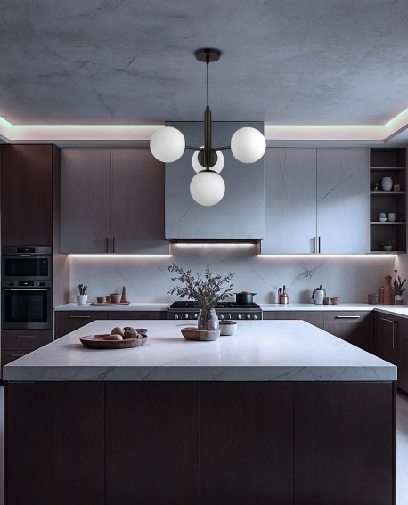 czarna lampa wisząca z czterema białymi kulami LED do kuchni nad wyspę nowoczesne oświetlenie producent Lampit model LEDO 4