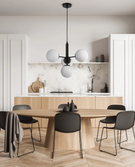 czarna lampa wisząca sufitowa z czterema białymi kulami nad stół do jadalni producent Lampit nowoczesny model LEDO 4