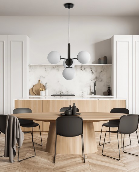 czarna lampa wisząca sufitowa z czterema białymi kulami nad stół do jadalni producent Lampit nowoczesny model LEDO 4