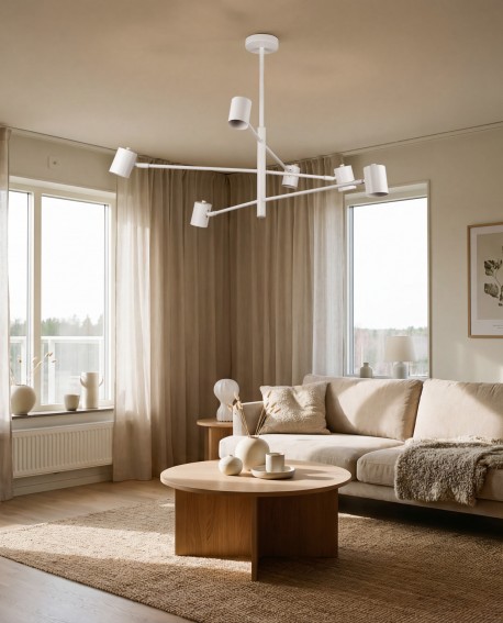 Nowoczesna geometryczna lampa sufitowa z białą konstrukcją i cylindrycznymi kloszami, elegancka i designerska