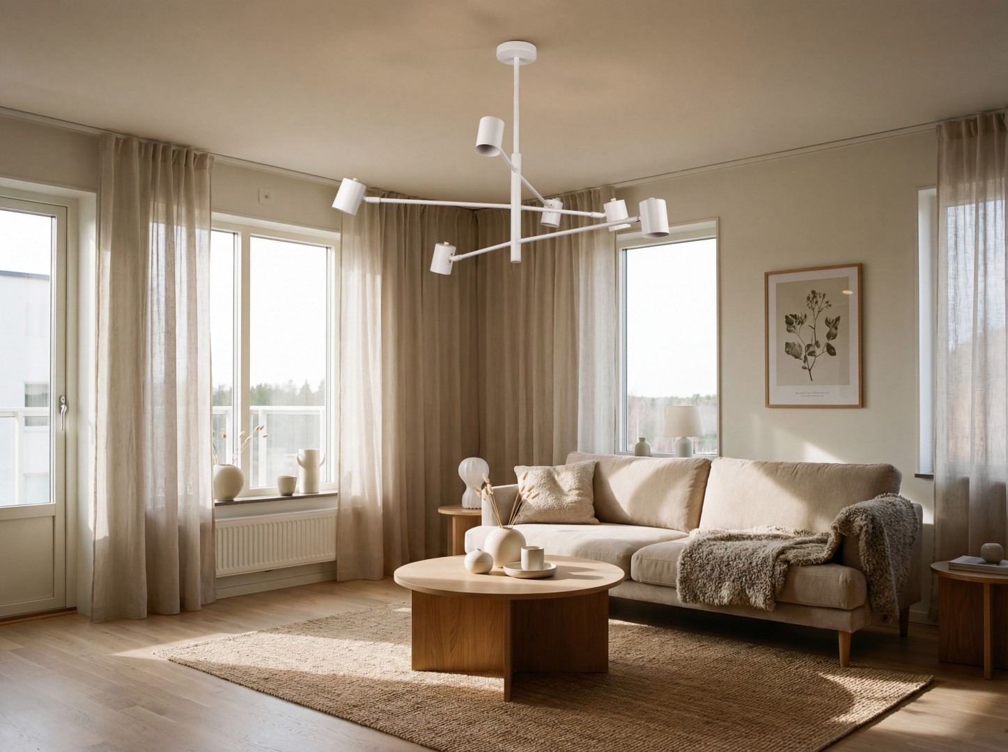 Nowoczesna geometryczna lampa sufitowa z białą konstrukcją i cylindrycznymi kloszami, elegancka i designerska