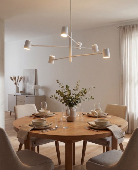 biała lampa wisząca z regulowanymi punktami światła nad okrągły stół do jadalni nowoczesna konstrukcja Lampit kolekcja Dora W6