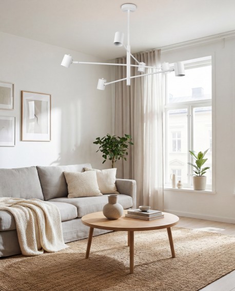  biała lampa wisząca z regulowanymi ramionami do salonu lekkie oświetlenie sufitowe Lampit nowoczesny model Dora W6