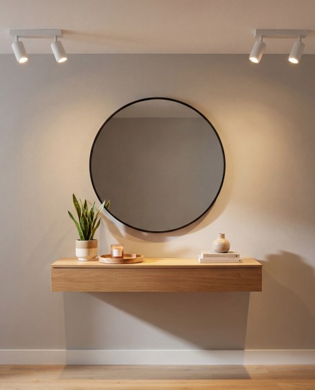 biała lampa sufitowa spot z dwiema regulowanymi tubami nad lustrem nowoczesne oświetlenie do przedpokoju producent Lampit