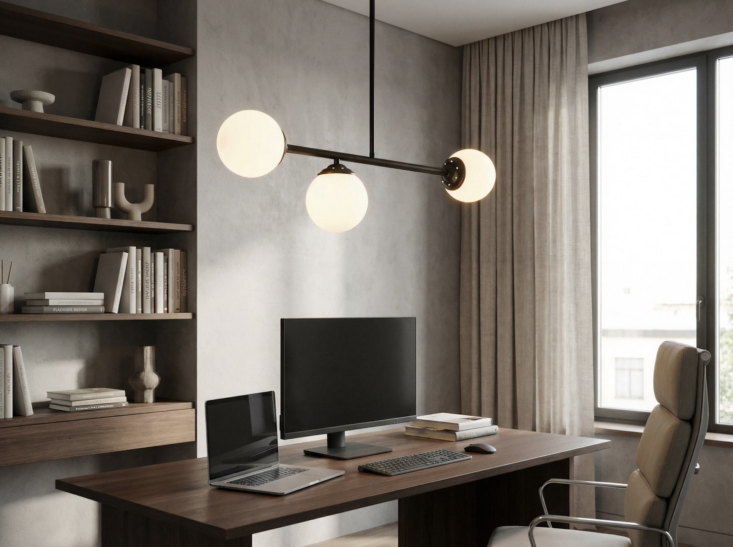 czarny plafon lampa sufitowa wisząca z białymi kulami LED do biura producent Lampit stylowy model Fino 3 punkty światła
