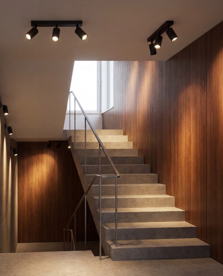 czarna lampa sufitowa spot do klatki schodowej metalowa oprawa z regulacją światła producent SPOT model NEO W3