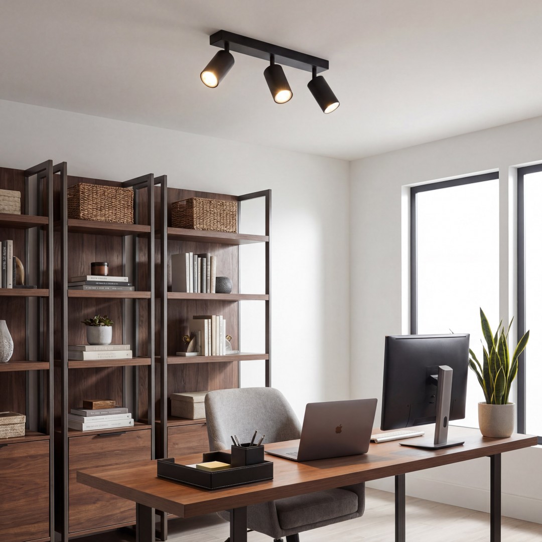 czarna lampa sufitowa spot do biura metalowa oprawa z trzema regulowanymi reflektorami producent SPOT model NEO W3