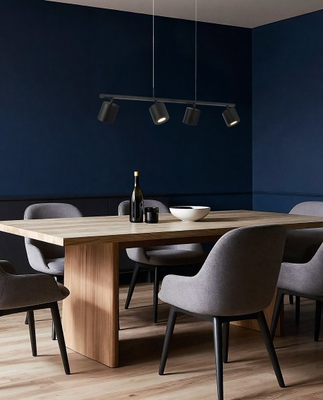  czarna lampa wisząca listwa z regulowanymi reflektorami nad stół jadalniany nowoczesne oświetlenie Lampit model Bolt W4