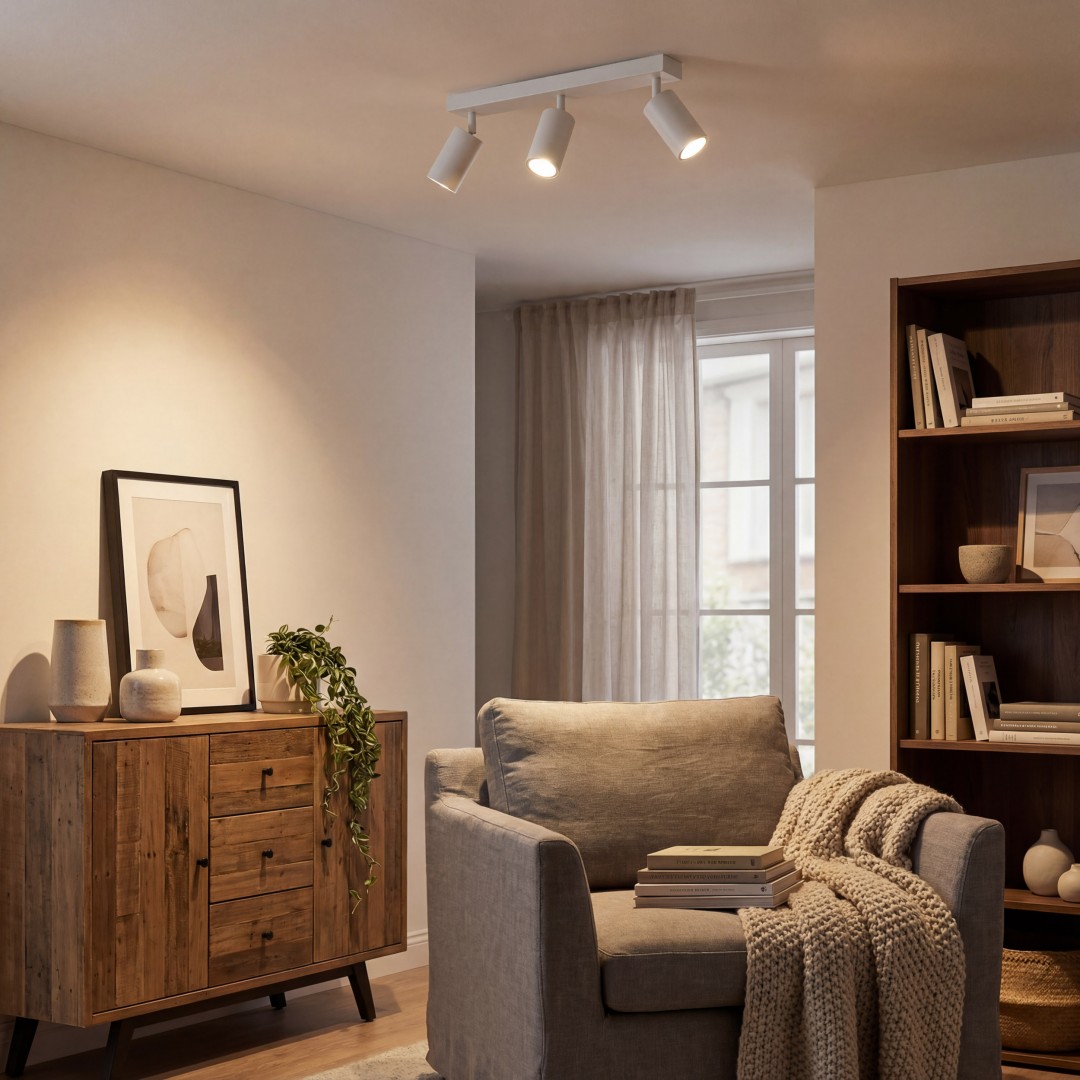 biała lampa sufitowa spot do salonu z trzema regulowanymi tubami minimalistyczna oprawa producent SPOT model NEO W3