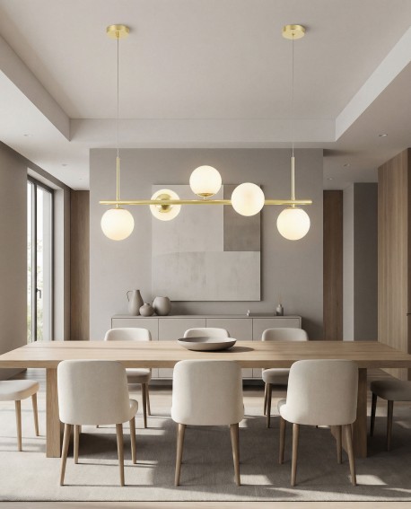 nowoczesny żyrandol LED lampa wisząca ze złotą belką i pięcioma białymi kulami nad stołem producent lampit model LEDO 5