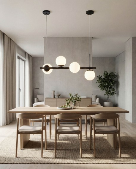 lampa wisząca sufitowa żyrandol LED z czarną belką i czterema białymi kulami producent lampit model LEDO 4