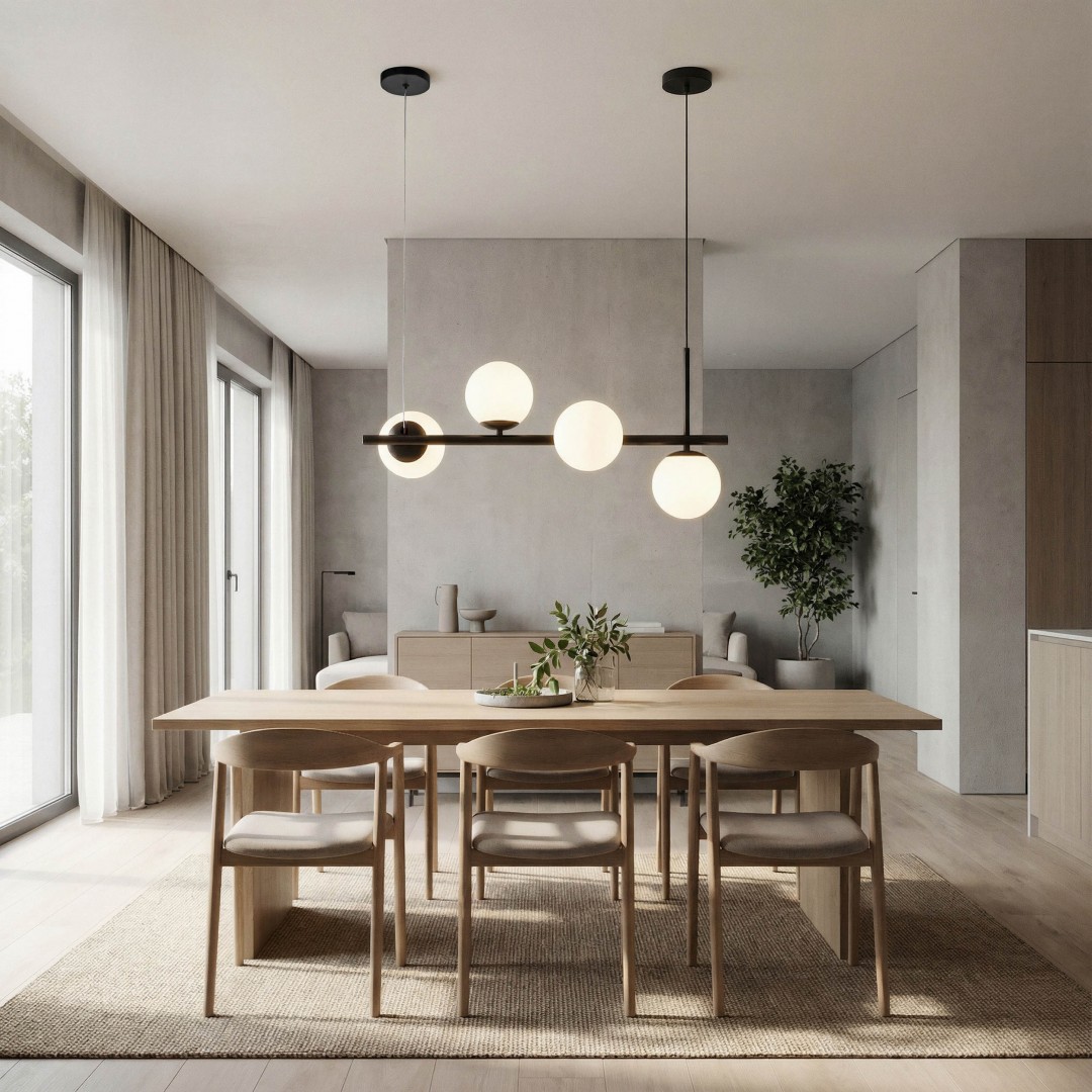 lampa wisząca sufitowa żyrandol LED z czarną belką i czterema białymi kulami producent lampit model LEDO 4
