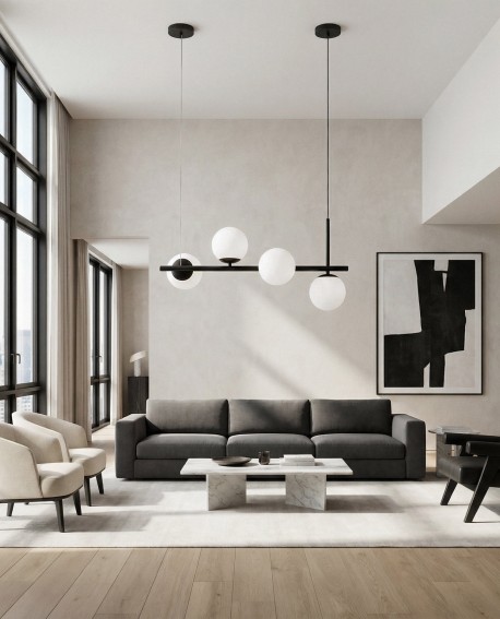 lampa wisząca żyrandol LED z czarną poziomą belką i czterema mlecznymi kulami światła producent lampit nowoczesny model LEDO 4