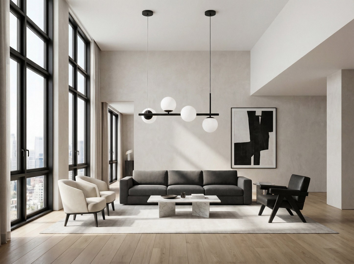 lampa wisząca żyrandol LED z czarną poziomą belką i czterema mlecznymi kulami światła producent lampit nowoczesny model LEDO 4