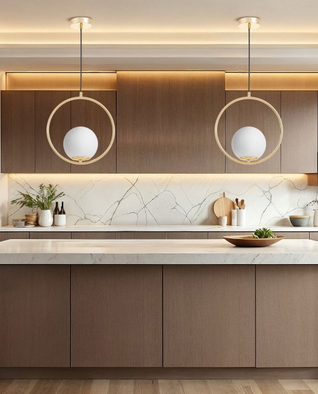 lampa wisząca złota z okrągłą obręczą i białą kulą LED do kuchni nad wyspę producent lampit model VERO 1A