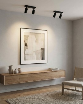 czarna lampa sufitowa spot z dwoma regulowanymi reflektorami LED do oświetlenia obrazu producent lampit model NEO W2