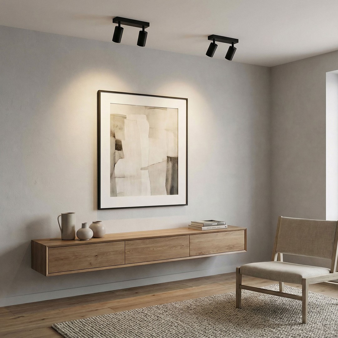 czarna lampa sufitowa spot z dwoma regulowanymi reflektorami LED do oświetlenia obrazu producent lampit model NEO W2