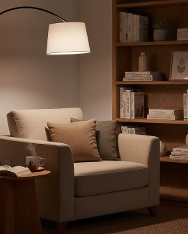 lampa podłogowa czarno biała z łukową konstrukcją i jasnym abażurem do czytania producent lampit stylowy model TIROL