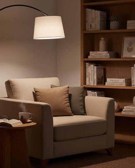 lampa podłogowa czarno biała z łukową konstrukcją i jasnym abażurem do czytania producent lampit stylowy model TIROL