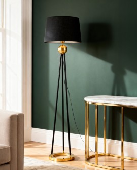  lampa podłogowa czarno złota na trójnogu z czarnym abażurem do eleganckiego salonu dekoracyjny model BELFORTE