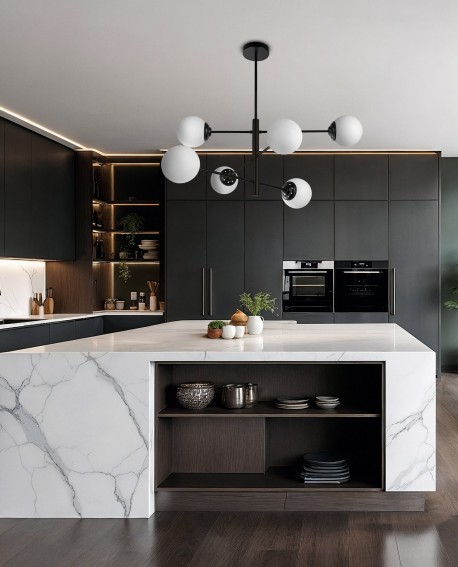  nowoczesny czarny żyrandol LED z białymi kulami Fino 6 lampa sufitowa wisząca do kuchni z wyspą i salonu Lampit