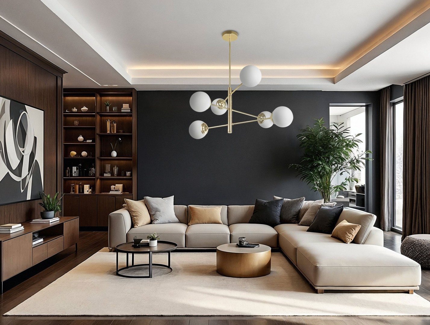 Złoty żyrandol LED z białymi kulami lampa wisząca do salonu producent Lampit elegancki model Fino 6 punktów światła