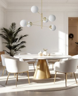  złota lampa wisząca z białymi kulami żyrandol LED nad stół do jadalni producent Lampit subtelny model Fino 6 punktów światła