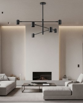 Nowoczesna czarna lampa sufitowa Dora W6 z wieloma ramionami i minimalistycznym designem, zawieszona w jasnym salonie.