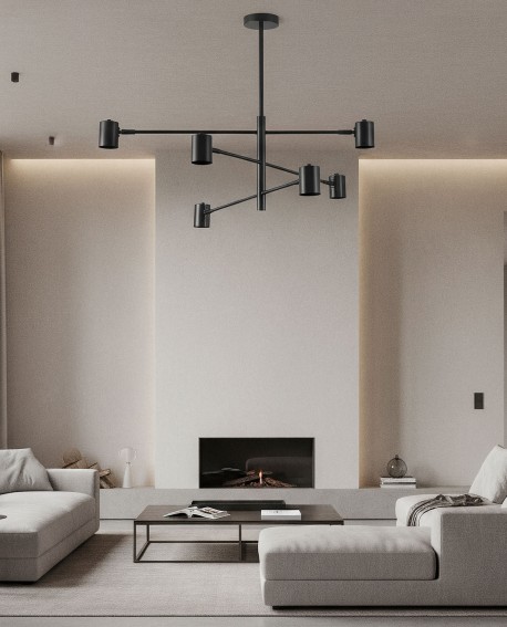 Nowoczesna czarna lampa sufitowa Dora W6 z wieloma ramionami i minimalistycznym designem, zawieszona w jasnym salonie.
