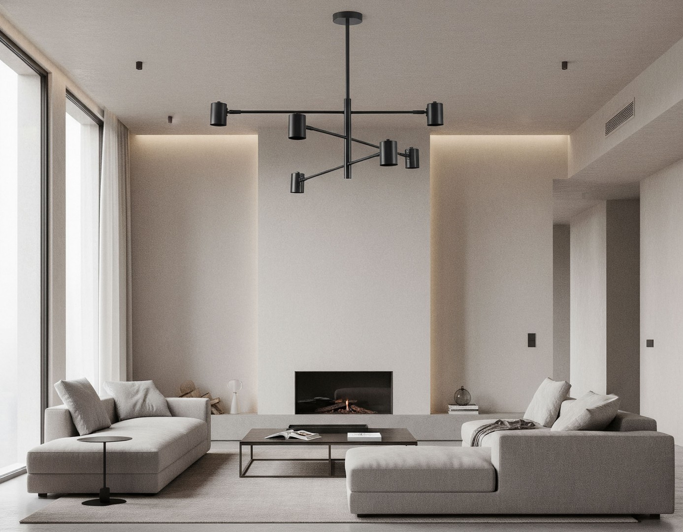 Nowoczesna czarna lampa sufitowa Dora W6 z wieloma ramionami i minimalistycznym designem, zawieszona w jasnym salonie.
