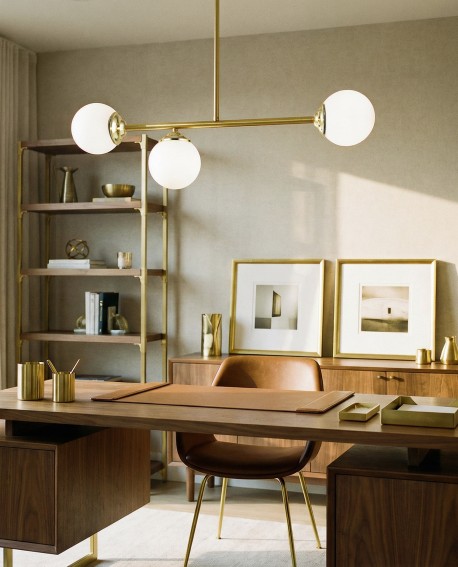 złoty plafon lampa sufitowa wisząca z białymi kulami LED do gabinetu producent Lampit elegancki model Fino 3 punkty światła