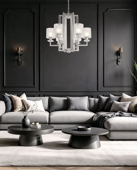 Nowoczesna chromowana lampa wisząca Manhattan w eleganckim salonie z ciemnymi ścianami, szarym sofą i minimalistycznym wystrojem