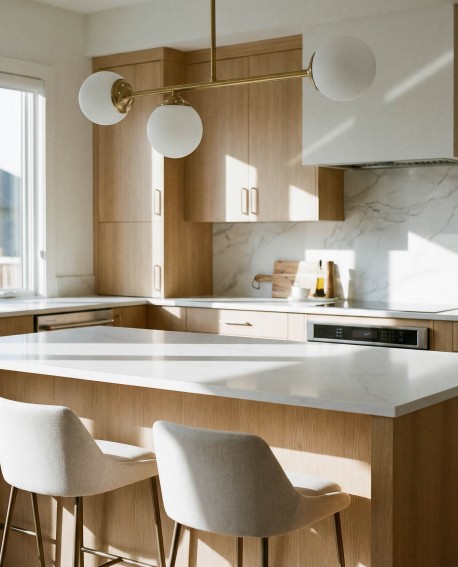  złoty plafon lampa sufitowa wisząca z białymi kulami LED nad wyspę kuchenną producent Lampit nowoczesny model Fino 3