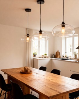 Trzy nowoczesne lampy wiszące Brosso D30 z przezroczystymi kloszami i czarnymi detalami, oświetlające stół w jadalni.