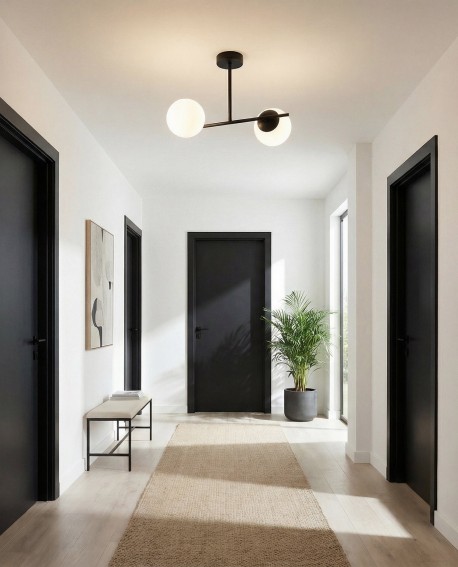  czarna lampa sufitowa z dwoma szklanymi kulami oświetlenie do przedpokoju prosta forma