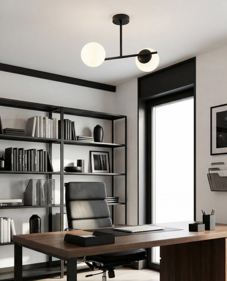  czarna lampa sufitowa z kulistymi kloszami oświetlenie do gabinetu minimalistyczna forma nad biurko nowoczesne wnętrze